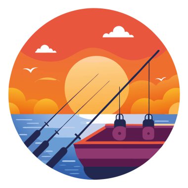 Güneş sakin okyanus sularının üzerinde batarken teknede dinlenen oltalar. - Evet. Yapay zeka üretildi. Vektör simgesi