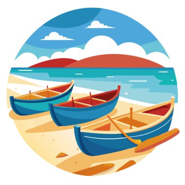 Karlı bir sahilde, okyanus arkaplanlı beş sandal. Seyahat için yapay zeka üretildi. Vektör simgesi