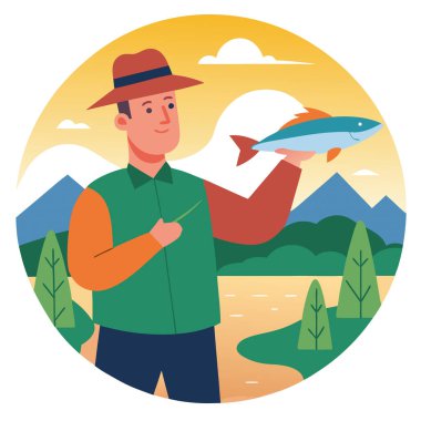 Yapay zekanın oluşturduğu altın saat boyunca nehir kenarında yeni yakalanmış bir alabalığı tutan adam. Vektör simgesi