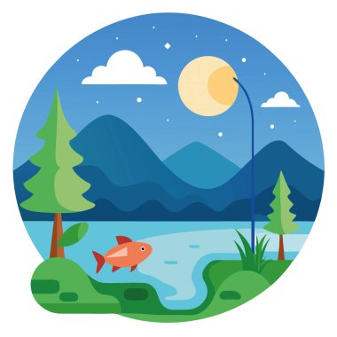 Gece Sazan Balıkçılığı Sükunet Gölü 'nün yanında. Etrafı yemyeşil sularla çevrili. Yapay zeka üretildi. Vektör simgesi
