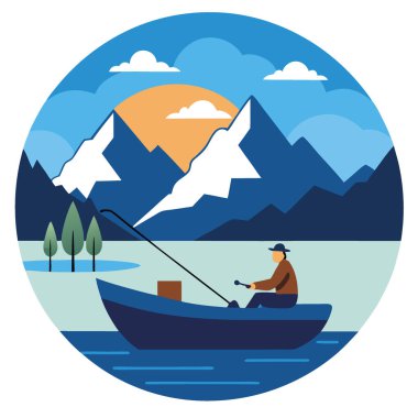 Arka planda dağlar olan bir gölde teknede balık tutan iki kişi. Yapay zeka üretildi. Vektör simgesi