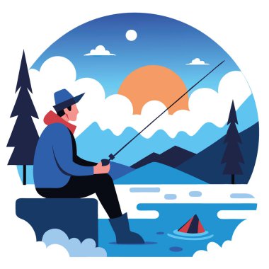 Gün batımında donmuş bir gölde sakin bir anın tadını çıkaran bir balıkçı. Yapay zeka üretildi. Vektör simgesi