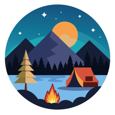 Çadırlı kamp sahnesi. Şenlik. ve alacakaranlıkta göl. Ağaçlarla çevrili yapay zeka üretildi. Vektör simgesi