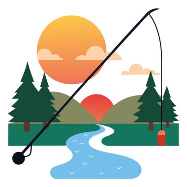 Gün batımında nehre atılan olta kamışı. Arkadaki ağaçlar. Boş zamanlarında yapay zekayı kullan. Vektör simgesi