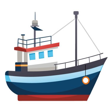 Balıkçı teknesi. Yapay zekanın oluşturduğu beyaz arka planda düz bir şekilde vektör illüstrasyonu. Vektör simgesi