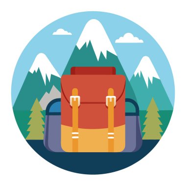 Arka planda dağlı sırt çantasıyla gezintiye çıkmak, açık hava macerası yaşamak. Yapay zeka üretildi. Vektör simgesi