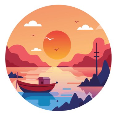 Sakin sularda sakin bir gün batımı, balıkçı tekneleri ve sisli bir kıyıda yapay zeka üretildi. Vektör simgesi