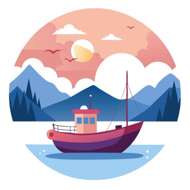 Sakin bir gölün üzerindeki küçük balıkçı teknesi sabah ışığıyla aydınlatılıyor. Yapay zeka üretildi. Vektör simgesi