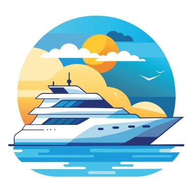 Yat lüks tekne seyahati. Güneşli bir arka plan tatili. Yapay zeka üretildi. Vektör simgesi