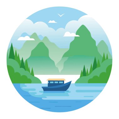 Yapay zekanın yarattığı yemyeşil ve dağlarla çevrili sisli bir nehirde yüzen bir tekne. Vektör simgesi