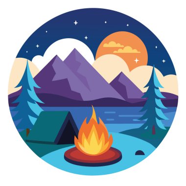 Alacakaranlıkta sakin göl kenarında sıcak bir kamp ateşi ve çadır olan bir kamp sahnesi yapay zeka oluşturdu. Vektör simgesi