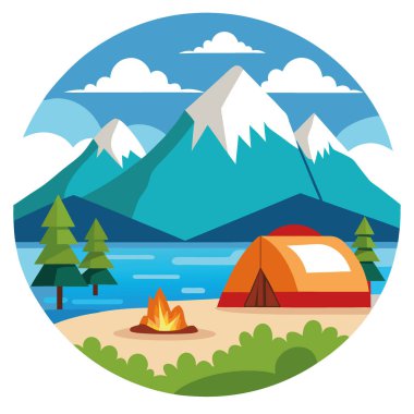 Dağ Manzaralı Gölün Kıyısındaki Kamp 'ın Ayrıntılı Renkli Görüntüsü. Yapay zeka üretildi. Vektör simgesi