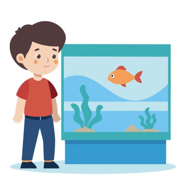 Küçük çocuk akvaryumdaki akvaryuma bakıyor. Akvaryum arka planında yapay zeka üretildi. Vektör simgesi