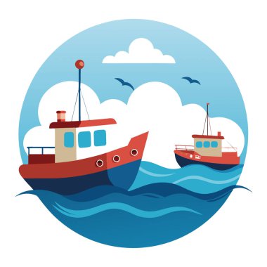 İki tekne okyanusta yüzüyor. Bir tanesi küçük bir balıkçı teknesi. Yapay zeka üretildi. Vektör simgesi