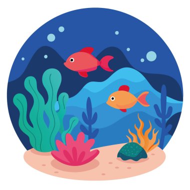 Su altı dünyası. Küçük balıklar ve mercanlar. Çizgi film tarzı. Pankart tasarımı. - Evet. Yapay zeka üretildi. Vektör simgesi