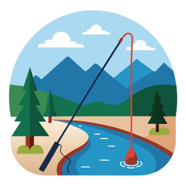 Bir balık oltası, arka planında yapay zeka olan bir ormanla bir nehrin kıyısında duruyor. Vektör simgesi