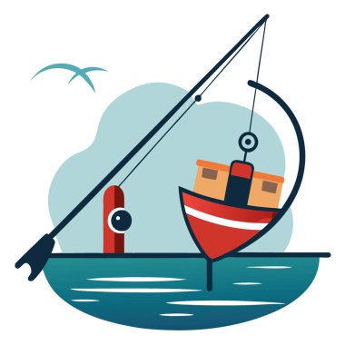 Bir tekneye yerleştirilmiş olta ve makara. Arka planda su var ve yapay zeka üretiyor. Vektör simgesi