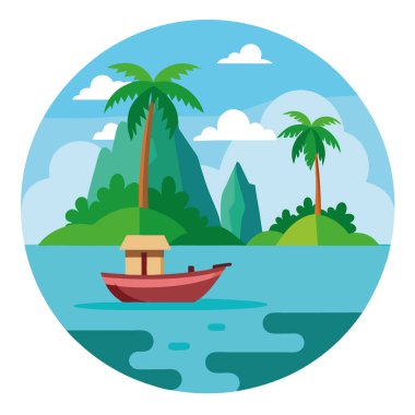 Egzotik Phuket manzarası. Panoramik manzaralı bir teknesi olan tropik bir ada. Al... yapay zeka üretildi. Vektör simgesi