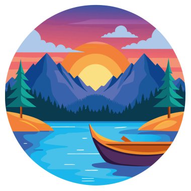 Gün batımında sahil manzaralı güzel bir göl manzaralı bir kano manzarası. Yapay zeka üretildi. Vektör simgesi