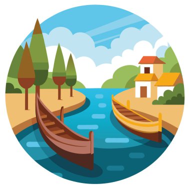 Sakin nehir manzarası. Huzurlu bir su yolu boyunca demirlemiş ahşap kayıklar. Yapay zeka üretildi. Vektör simgesi