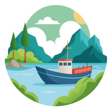 Kıyıya yakın bir balıkçı teknesi. Yapay zekanın yarattığı doğanın güzelliğiyle sakin nehir manzarası. Vektör simgesi