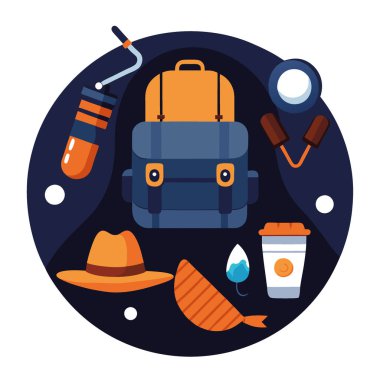 Karanlık arka planda sırt çantalı balıkçı ekipmanları var. Şapka. ve kamera. Yapay zeka üretildi. Vektör simgesi