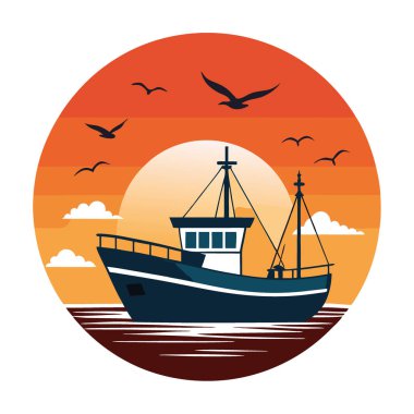 Gün batımında gökte martılarla yelken açan balıkçı teknesi. Huzurlu okyanus manzarası yapay zeka üretildi. Vektör simgesi