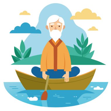 Huzurlu göl bilgeliği ve ruhani yansıması olan bir teknede yaşlı bir denizci. Yapay zeka üretildi. Vektör simgesi