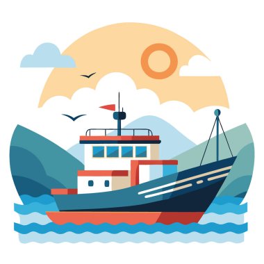 Sahile yakın güneşli bir günde sakin sularda yüzen modern bir balıkçı teknesi. Yapay zeka üretildi. Vektör simgesi