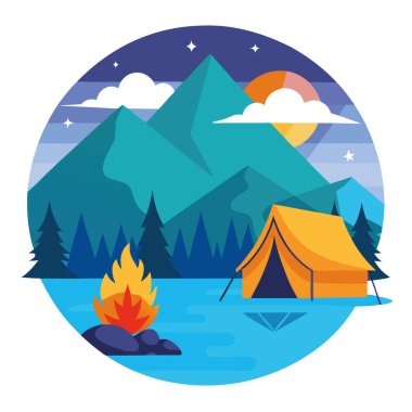 Bulutlu bir gökyüzünün altında parlayan bir kamp ateşiyle sakin bir gölün yanında kamp kurmuşlar. Vektör simgesi