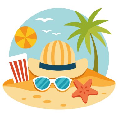 Kabuklu tropik kaçış görüntüsü. Hasır şapka. ve güneş gözlüğü güneş ışığıyla aydınlatılmış kumda. Yapay zeka üretildi. Vektör simgesi