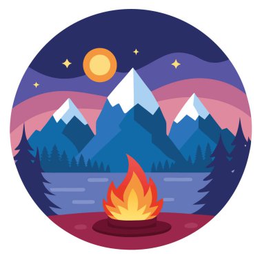 Huzurlu gölün yanında güzel bir kamp ateşi ve alacakaranlıkta dağlarla yapay zeka oluşturuldu. Vektör simgesi