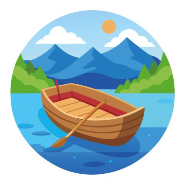 Serene Blue Lake Waters 'daki Tahta Kayık Büyüleyici Yaz Balıkçılık Gezisi. Yapay zeka üretildi. Vektör simgesi