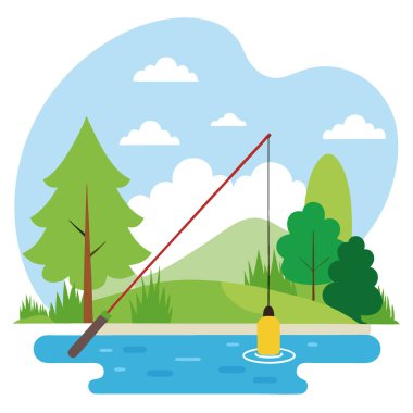 Güneşli bir öğleden sonra sakin bir göl kenarında ağaçlara yaslanmış olta kamışı. Yapay zeka üretildi. Vektör simgesi