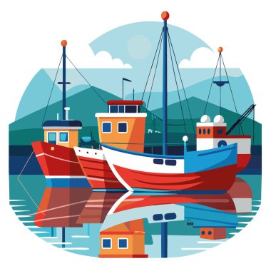 Balıkçı tekneleri limana yanaştı. Sakin su, yapay zekanın yarattığı canlı renkleri yansıtıyor. Vektör simgesi
