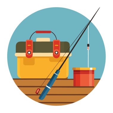 Tahta bir yüzeyde olta ve olta kutusu. Yapay zekanın oluşturduğu bir balık avına hazırlanıyorum. Vektör simgesi