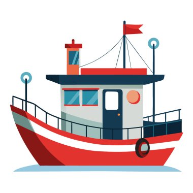 Kulübesi ve güvertesi olan stilize bir balıkçı teknesi. Yapay zekanın ürettiği deniz aktiviteleri için tasarlandı. Vektör simgesi