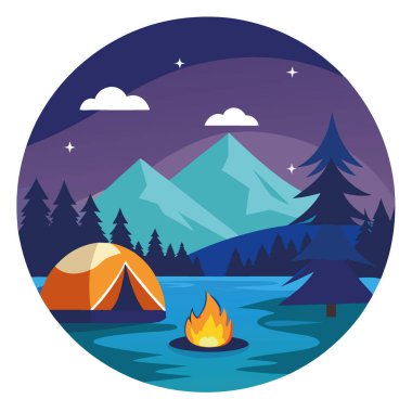 Gün batımında sakin bir gölün kenarında parlayan bir çadır ve kamp ateşi olan kamp sahnesi yapay zeka oluşturdu. Vektör simgesi