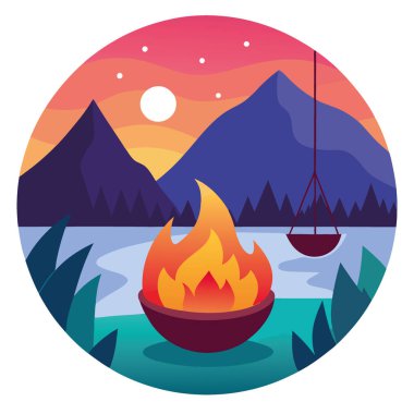 Gün batımında göl kenarında asılmış bir sepetin içinde kamp ateşi. Huzurlu doğal atmosfer yapay zeka üretildi. Vektör simgesi