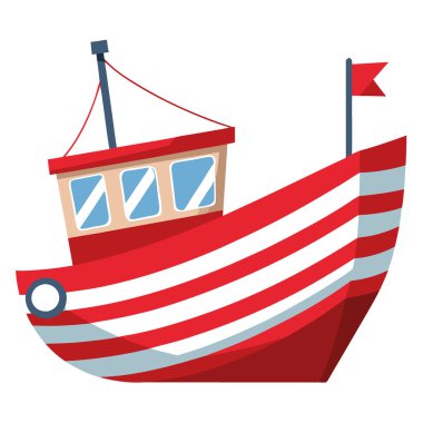 Beyaz izole edilmiş arka planda kırmızı ve beyaz çizgili renkli balıkçı teknesi yapay zeka üretiyor. Vektör simgesi