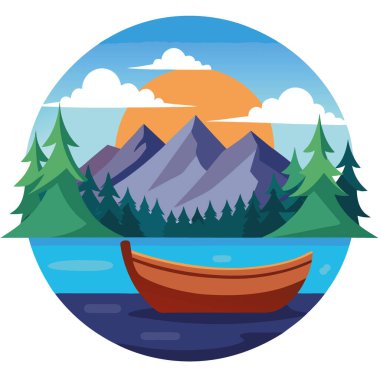 Sakin gölde bir kano. Orman dağları arka planı. Akşam sükuneti. Rekreasyon yapay zeka üretildi. Vektör simgesi