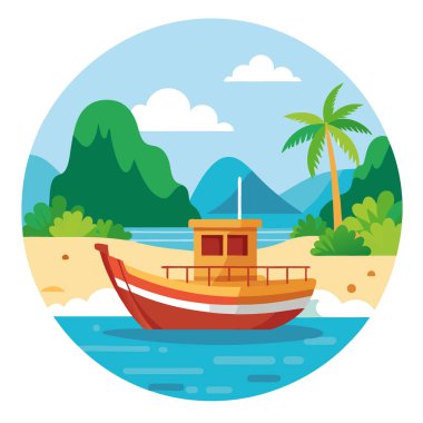 Tayland adası sahilinde seyahat teknesi. Tropik Asya sahili manzarası. Yapay zeka üretildi. Vektör simgesi