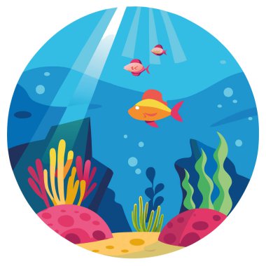Güneş ışınlarıyla aydınlatılan, renkli balıklar ve mercan resifleri olan su altı sahnesi yapay zeka oluşturdu. Vektör simgesi