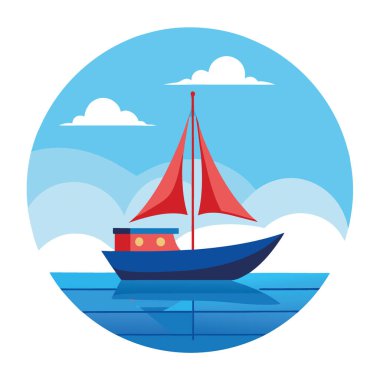 Sakin sularda, sakin bir ortamda sakin, mavi bir arka planda seyreden bir tekne. Yapay zeka üretildi. Vektör simgesi