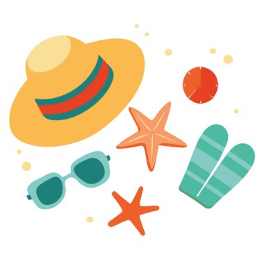 Güneş gözlüklerinin olduğu yaratıcı düz bir yer. Şapka. Ve kumlu arka planda deniz yıldızı. Yapay zeka üretildi. Vektör simgesi