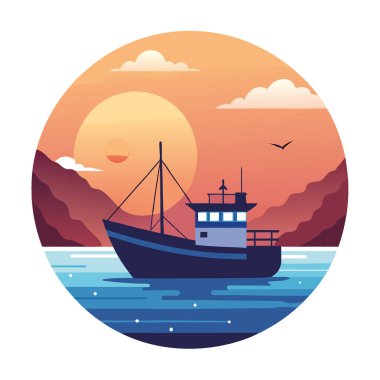 Balıkçı teknesi, sakin bir okyanus ve parlayan bir ufukla gün doğumunda limana dönüyor. Yapay zeka üretildi. Vektör simgesi