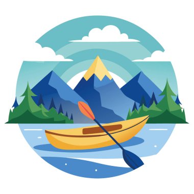 Huzurlu bir gölde el çizimi bir kano. Kamp gezisi için mükemmel. Yapay zeka üretildi. Vektör simgesi
