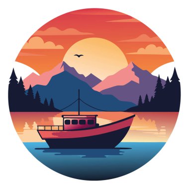 Sunset 'teki Tranquil Gölü' ndeki Sahne Balıkçı Teknesi - Yüksek Dinamik Mesafe Fotoğrafçılığı. Yapay zeka üretildi. Vektör simgesi