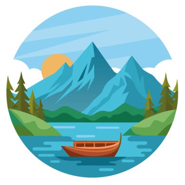 Sükunet Montanhosa, Lago Sereno. Barco de madeira e montanhas majosas. Yapay zeka üretildi. Vektör simgesi