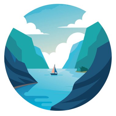 Sakin sulardan yükselen sarp kayalıkları olan sakin bir fiyort. Yakınlarda sürüklenen bir tekne. Yapay zeka üretildi. Vektör simgesi